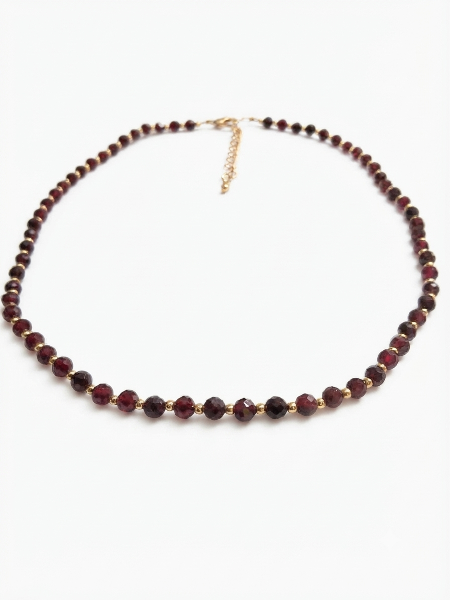 Dainty Faceted Garnet Necklace - 4mm Natural Gemstones & 18K Gold Plated Chain Anti-Tarnish | Shiny Gold beads