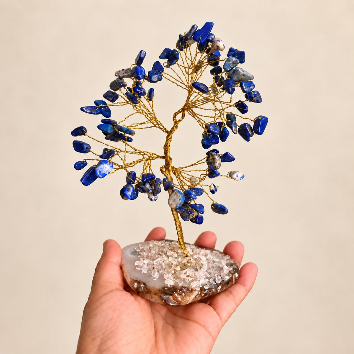 Lapis Lazuli & Agate Golden Wire Crystal Tree – 100 Beads | 7–8 Inch Handmade Tree of Life | Home and Desktop Decor