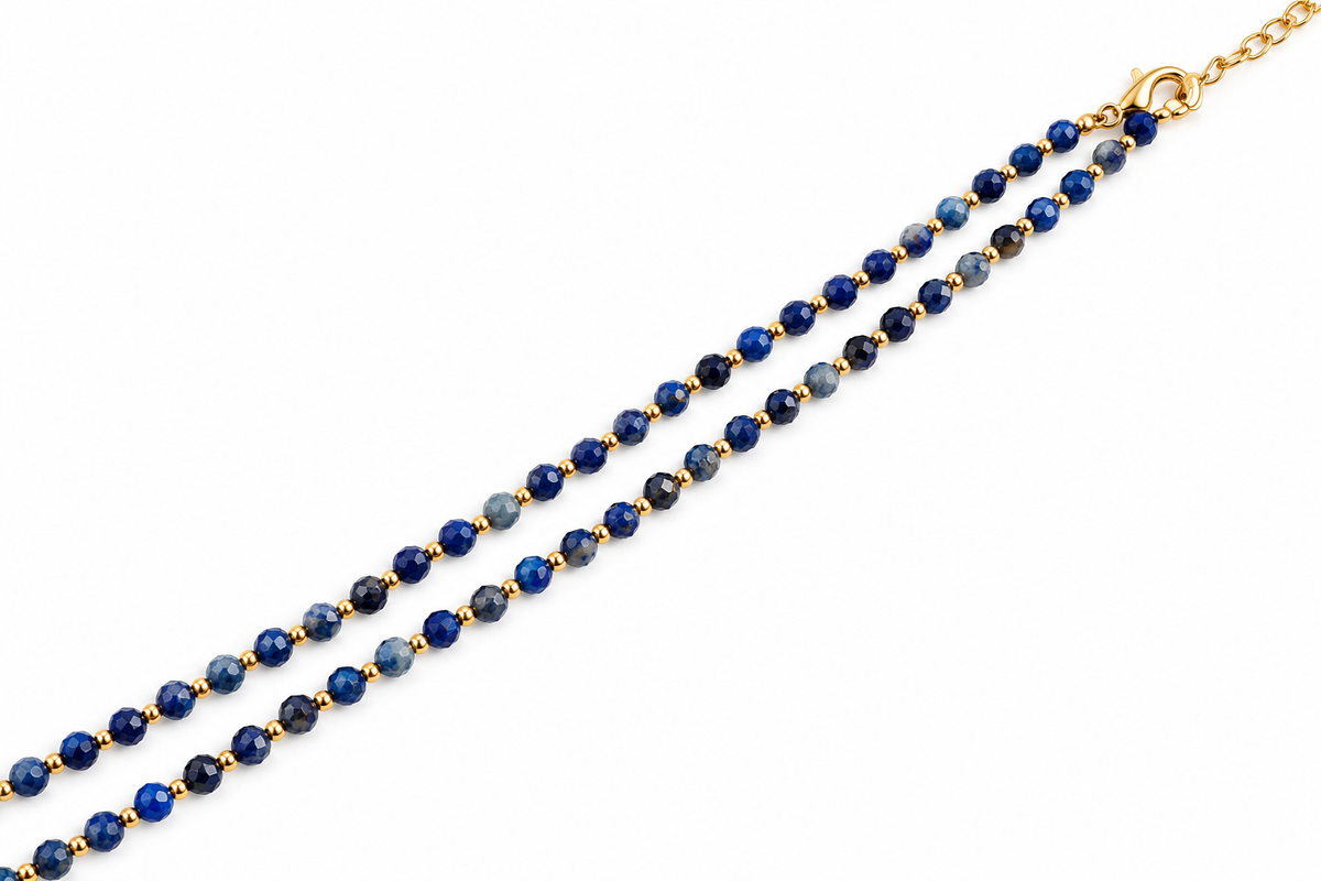Dainty Faceted Lapis Lazuli Necklace - 4mm Natural Gemstones & 18K Gold Plated Chain Anti-Tarnish | Shiny Gold beads