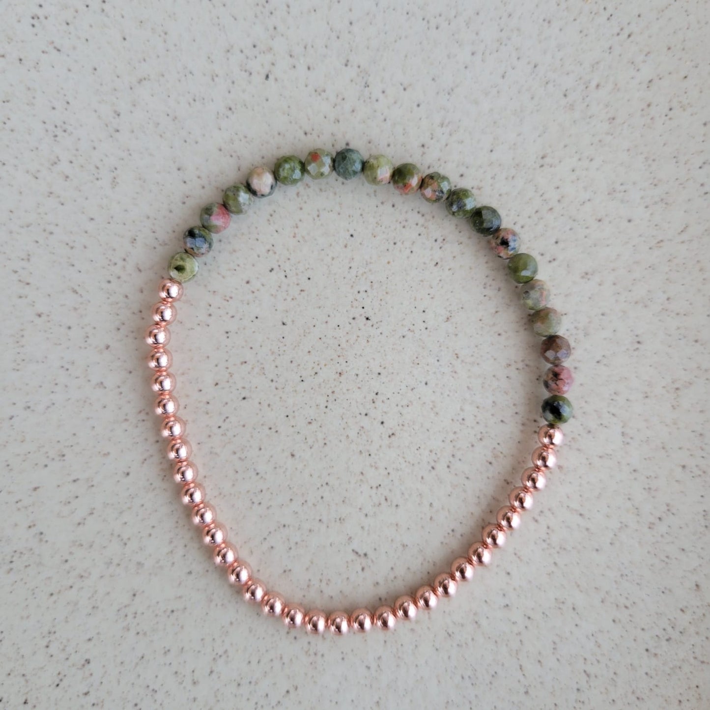 Dainty and Elegant Multi-Faceted Unakite beads + Genuine and solid 3mm Copper Bead Bracelet - Stretchy and Stackable