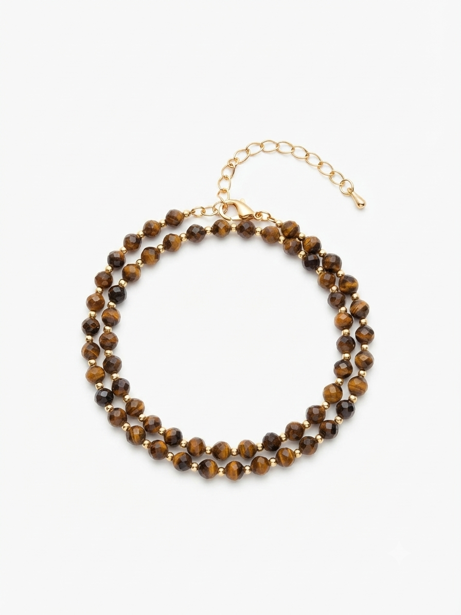 Dainty Faceted Tiger's Eye Necklace - 4mm Natural Gemstones & 18K Gold Plated Chain Anti-Tarnish | Shiny Gold beads