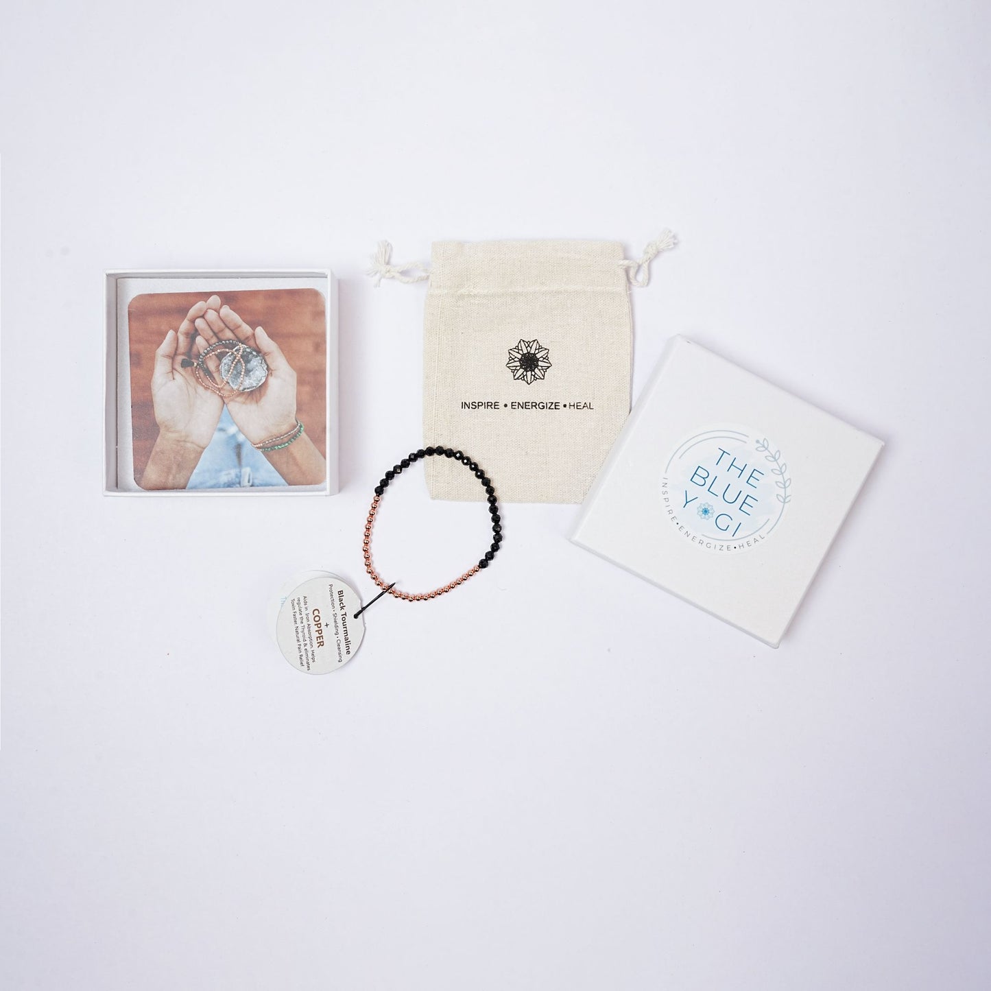 Cotton bag, bracelet, gift box card with tag on a white background