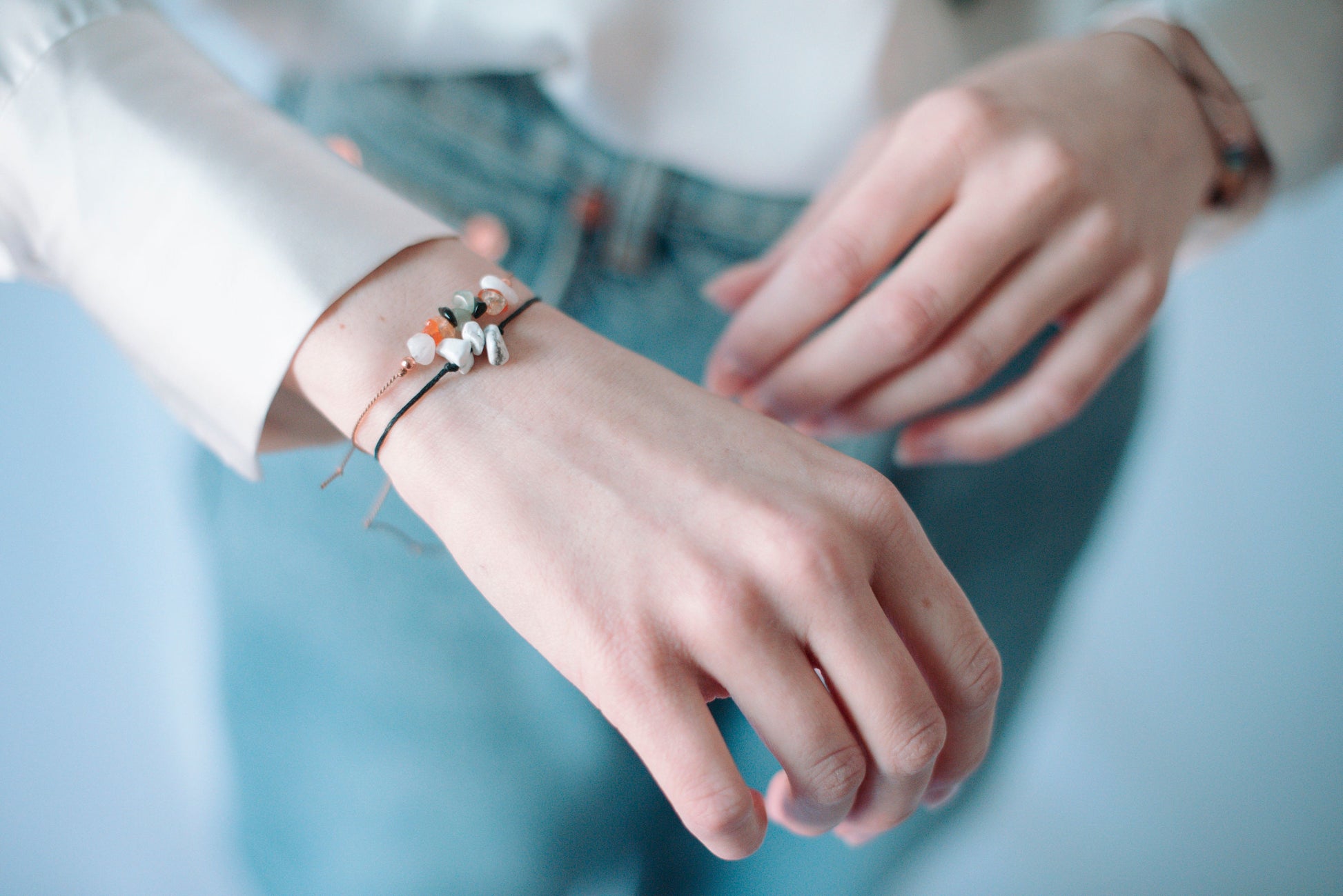 Howlite Gemstone Healing Band with an Affirmation -Dainty, Casual and stackable - Tie Closure - Theblueyogi