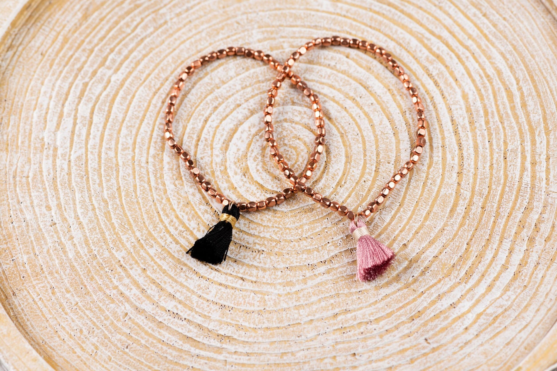 Genuine and solid 3mm Copper Bead Bracelet with Silk Tassel - Stretchy and Stackable - Theblueyogi