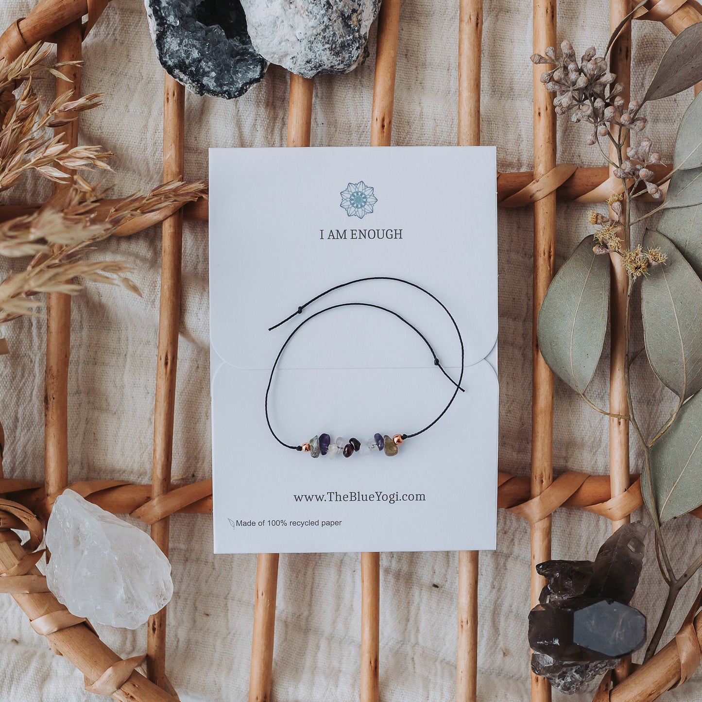 Dainty Anxiety crystal bracelet with an Affirmation - Stackable, casual & minimal - Tie closure - Theblueyogi