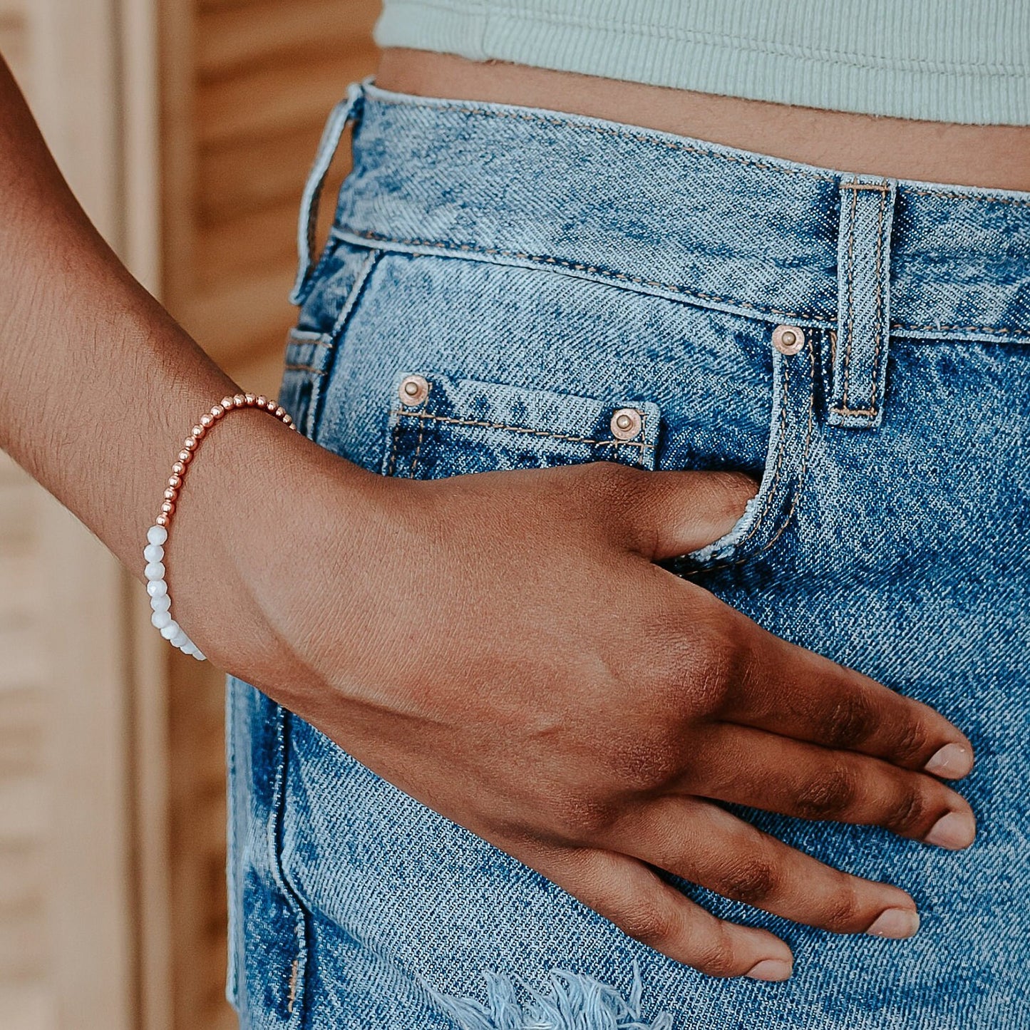 Dainty and Elegant Multi-Faceted Moonstone beads + Genuine and solid 3mm Copper Bead Bracelet - Stretchy and Stackable - Theblueyogi