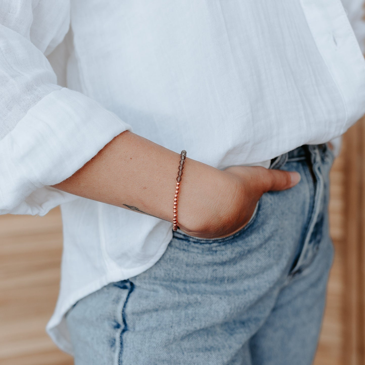 Dainty and Elegant Multi-Faceted Smoky Quartz beads + Genuine and solid 3mm Copper Bead Bracelet - Stretchy and Stackable - Theblueyogi