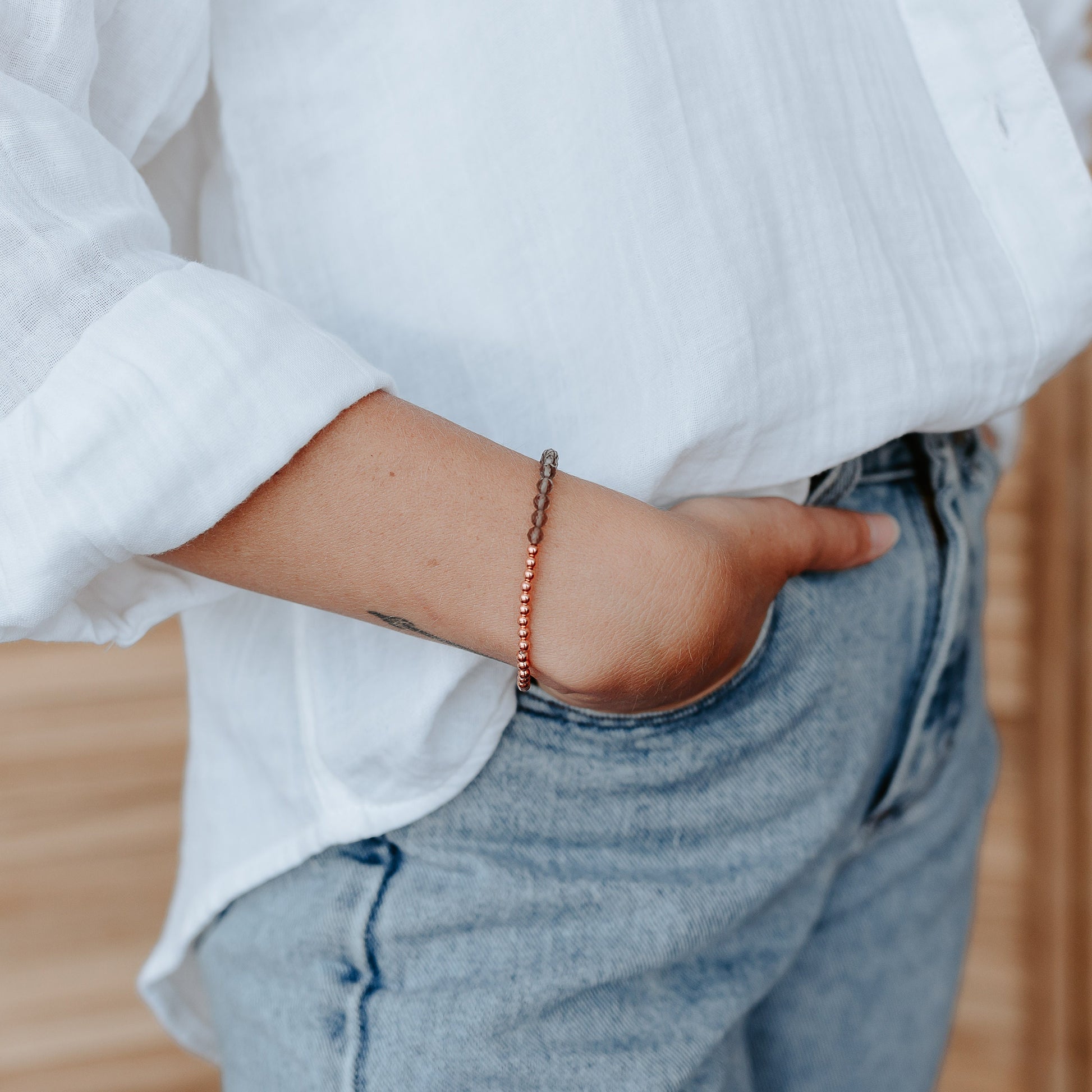 Dainty and Elegant Multi-Faceted Smoky Quartz beads + Genuine and solid 3mm Copper Bead Bracelet - Stretchy and Stackable - Theblueyogi