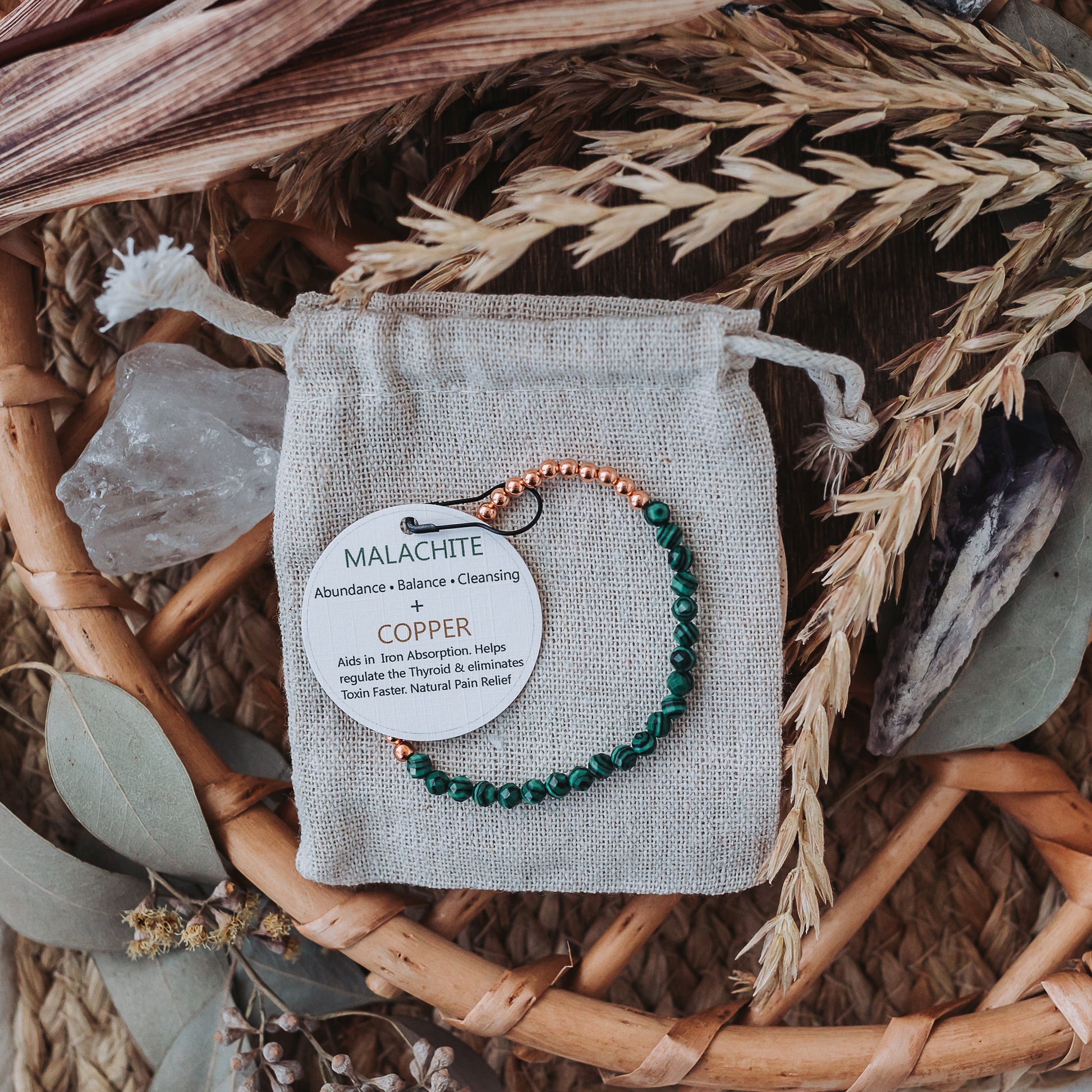 Dainty and Elegant Multi-Faceted Malachite beads + Genuine and solid 3mm Copper Bead Bracelet - Stretchy and Stackable - Theblueyogi