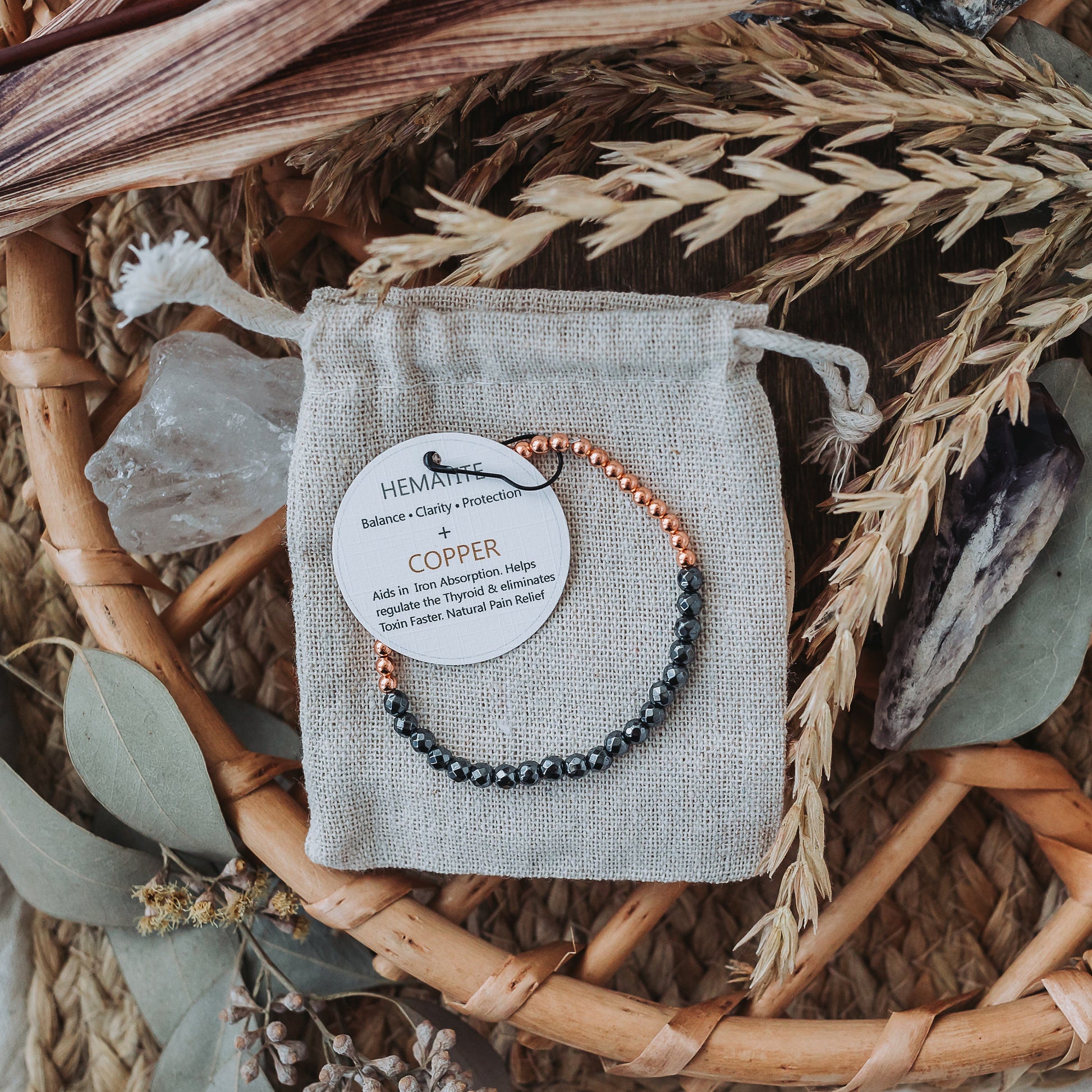 Dainty and Elegant Multi-Faceted Hematite beads + Genuine and solid 3mm Copper Bead Bracelet - Stretchy and Stackable - Theblueyogi