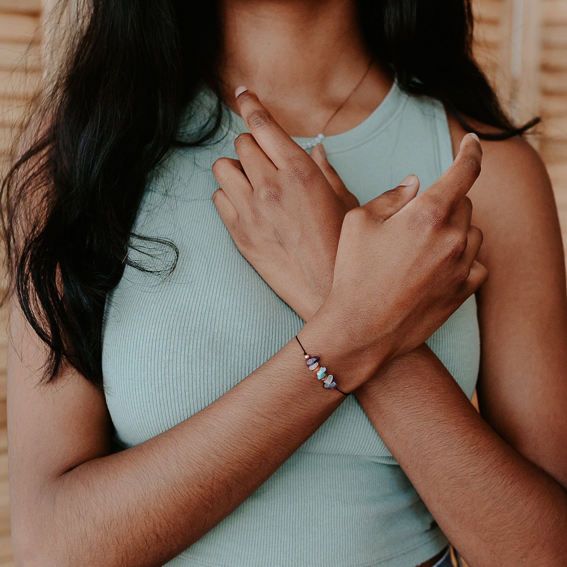 Happiness crystal bracelet/anklet with an affirmation - Minimal, Casual and stackable - Tie closure - Theblueyogi