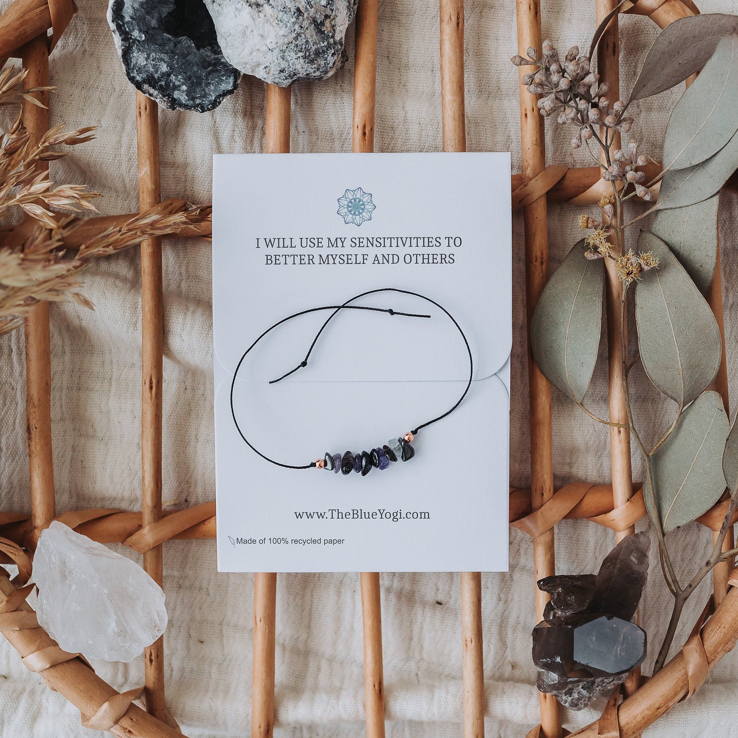 Empath crystal bracelet with an affirmation - Minimal, Casual and stackable - Tie closure - Theblueyogi