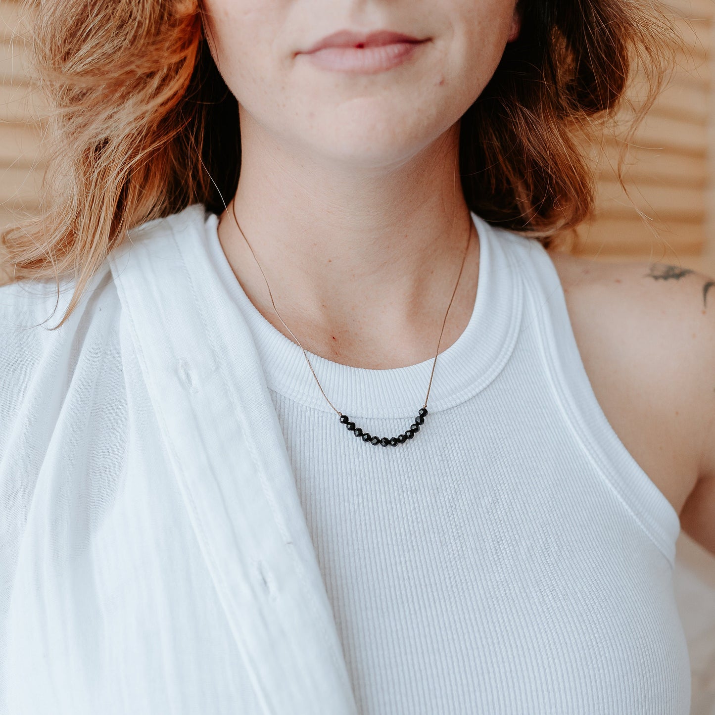 Dainty 4mm Faceted Black Tourmaline Cord Necklace - Minimal, casual and light weight - 16”- 18” adjustable - Theblueyogi