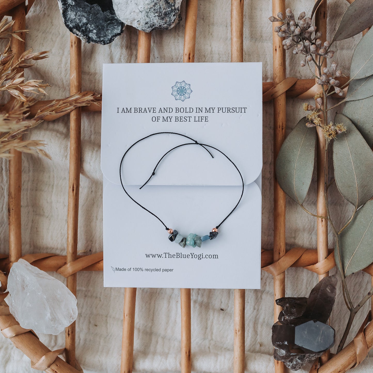 Courage crystal bracelet with an affirmation- boho, casual & minimal Tie closure - Theblueyogi