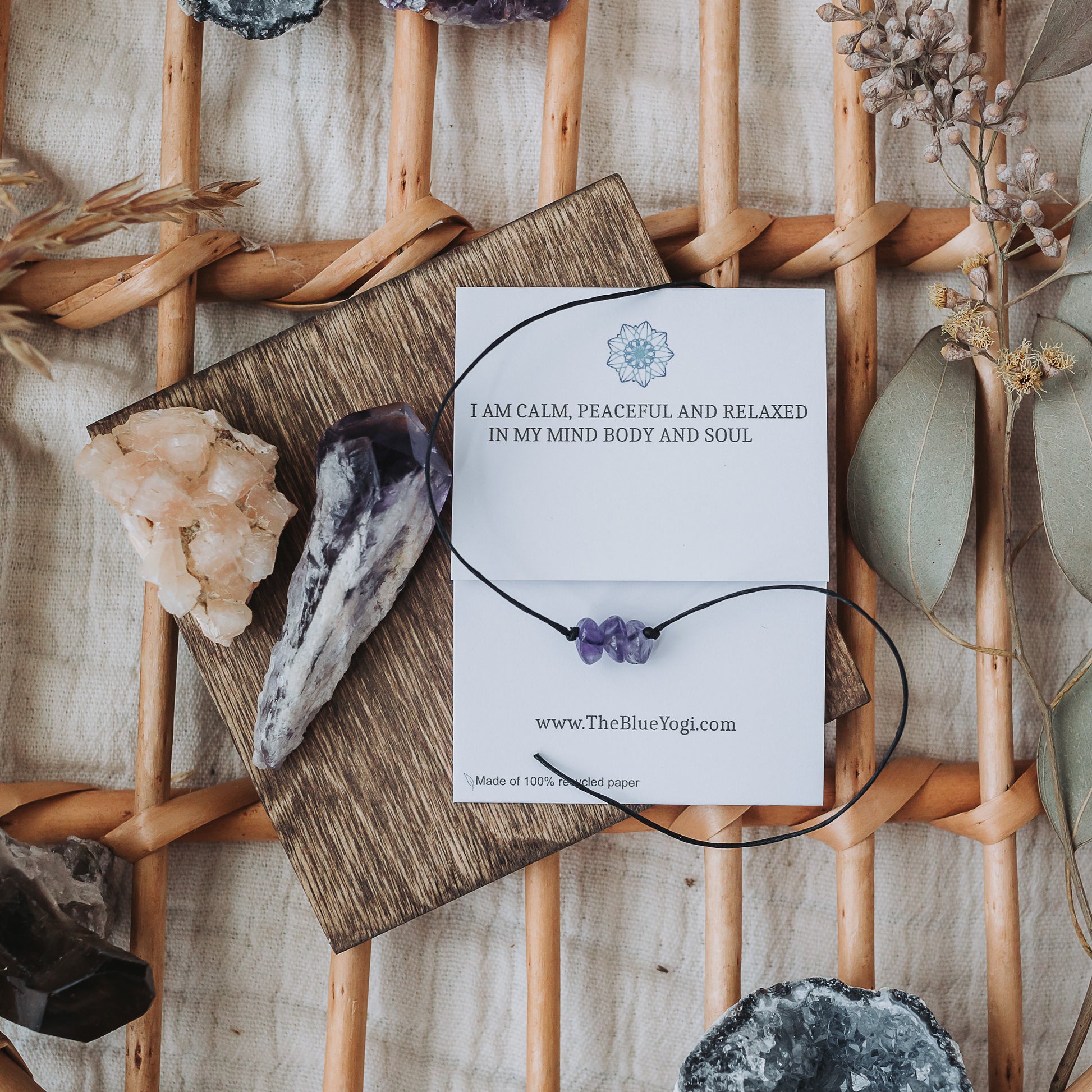 Amethyst Gemstone wish Bracelet with an affirmation - Tie Closure - Theblueyogi