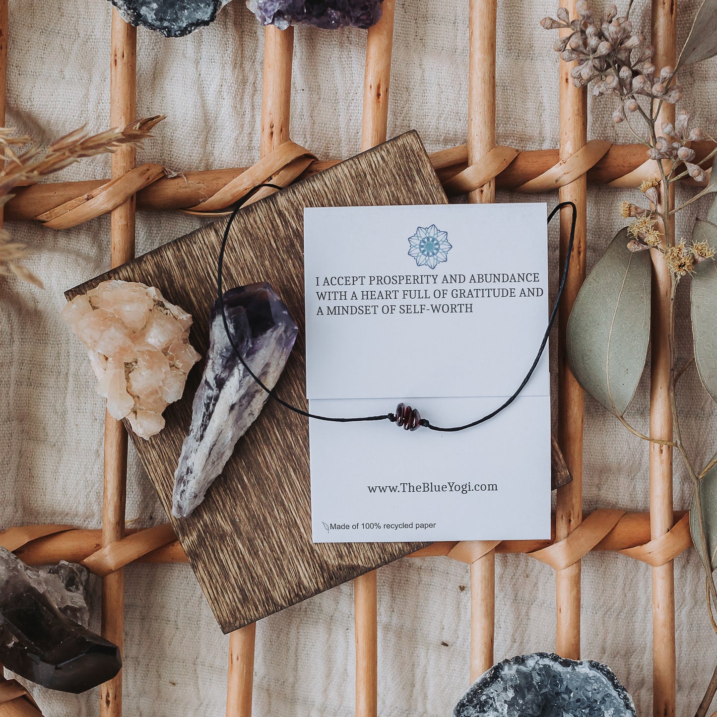 Garnet Gemstone Healing Band with an Affirmation - Tie Closure - Theblueyogi