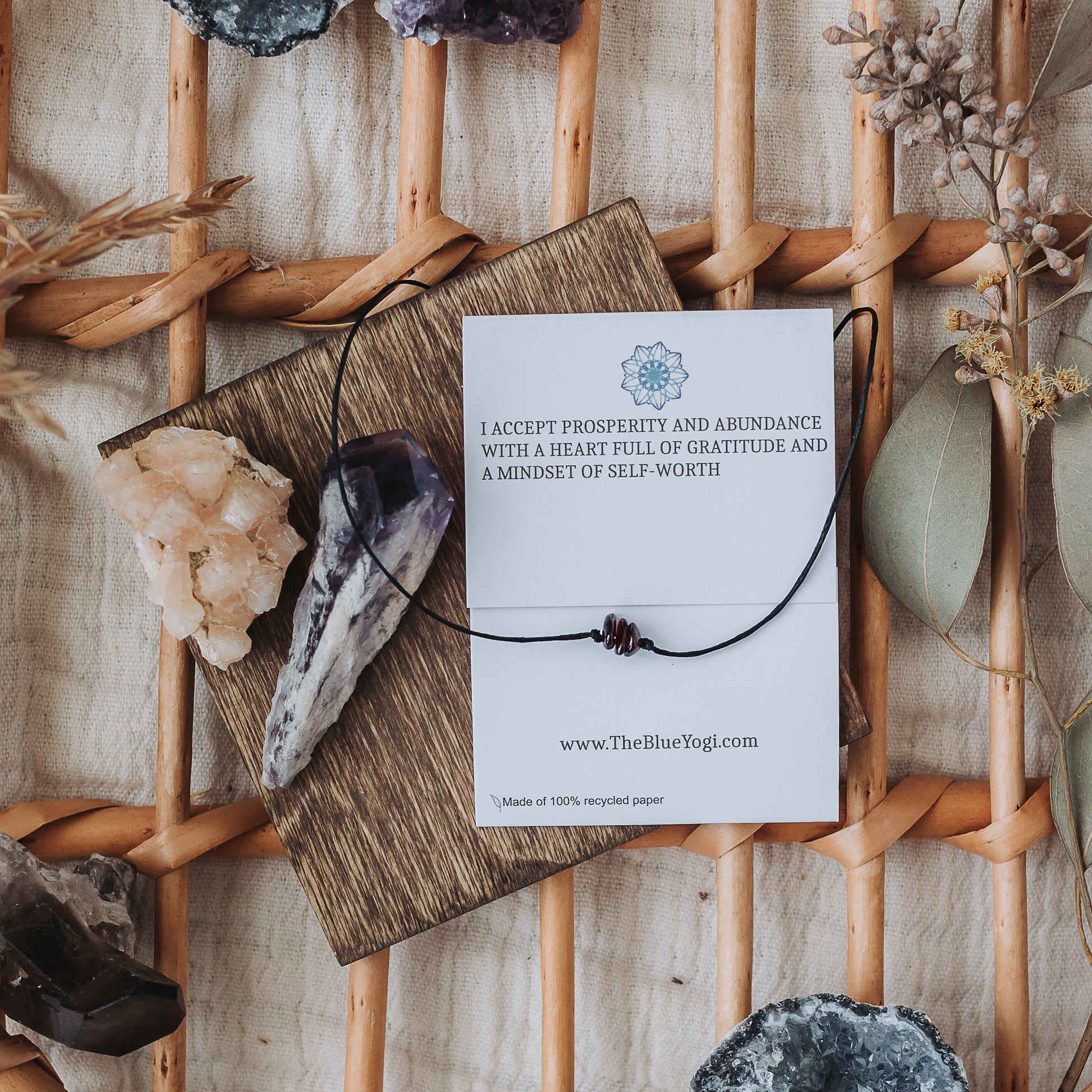 Garnet Gemstone Healing Band with an Affirmation - Tie Closure - Theblueyogi