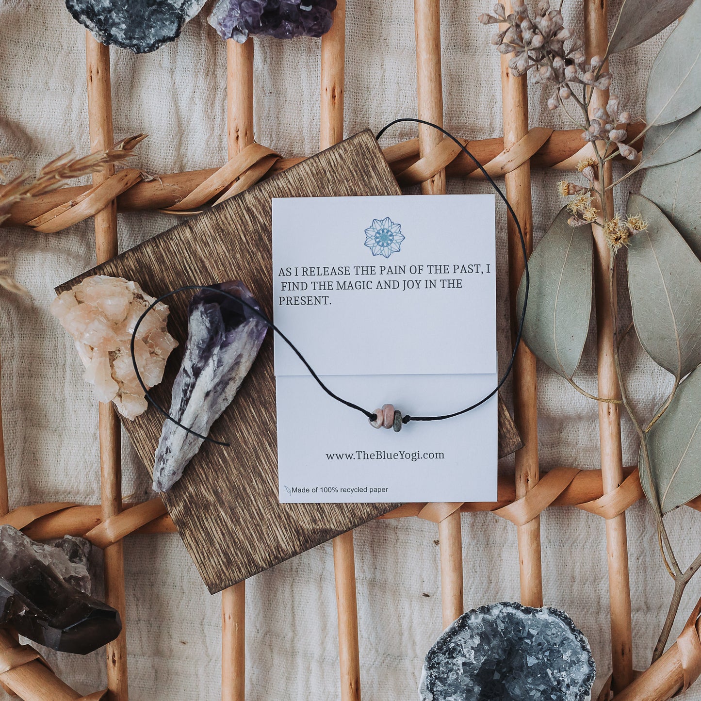 Rhodochrosite Gemstone Healing Band with an affirmation - Tie closure - Theblueyogi