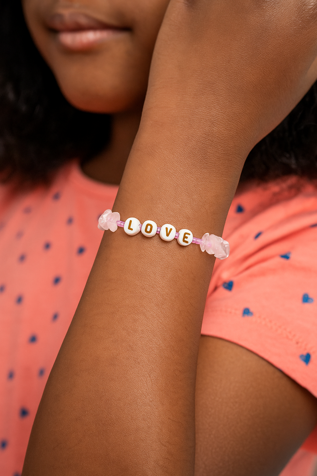 LOVE - Rose Quartz Chip stretch Bracelet for Kids ages 6 to 12