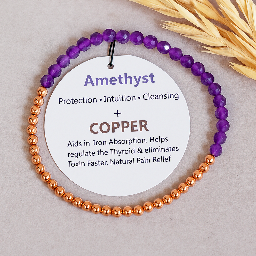 bracelet copper with faceted beads, tag on a grey nature background