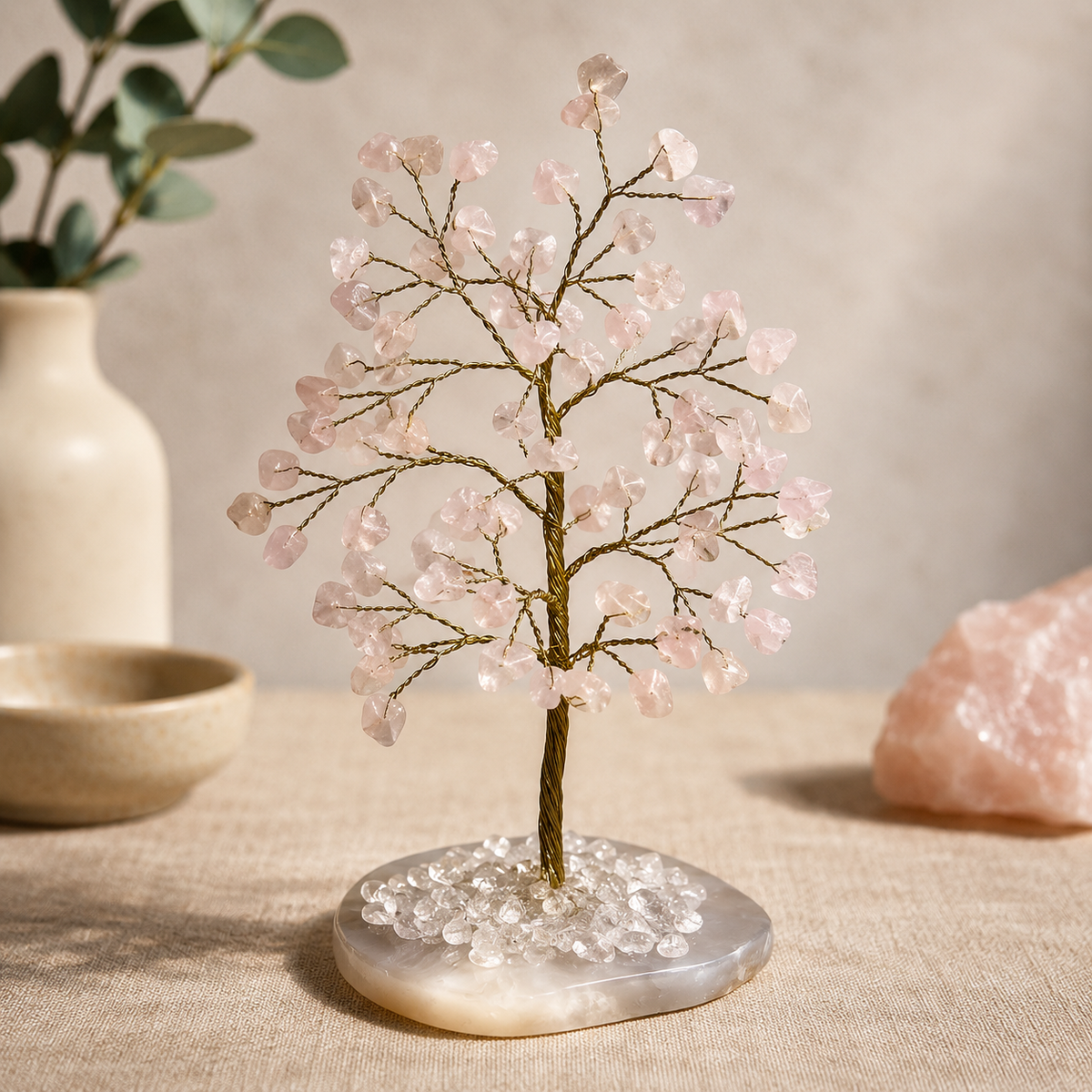 Rose Quartz Crystal Tree with Agate Base – Feng Shui Home Decor – Spiritual Gift