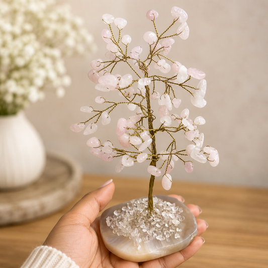 Rose Quartz Crystal Tree with Agate Base – Feng Shui Home Decor – Spiritual Gift