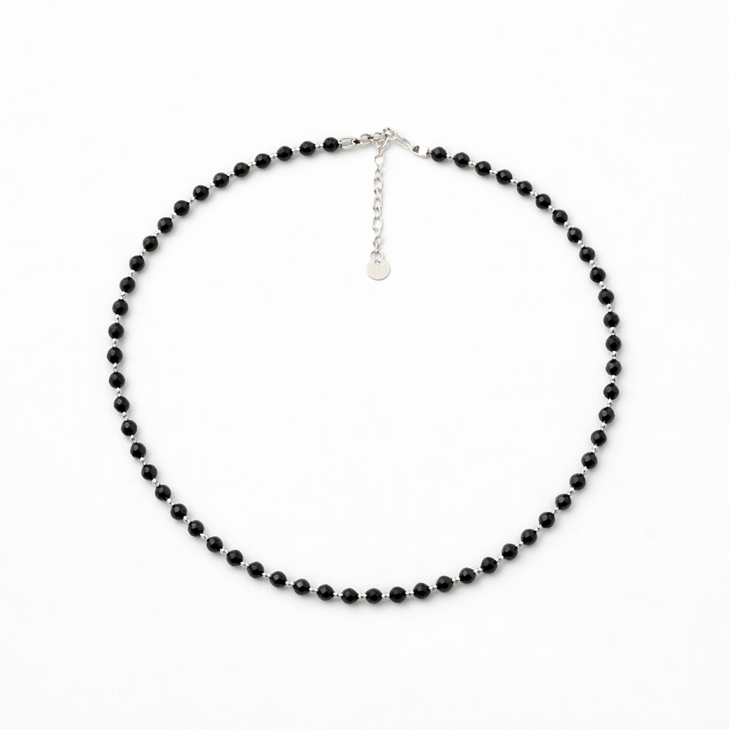 Black Tourmaline Beaded Necklace with Sterling Silver | Dainty Crystal Necklace