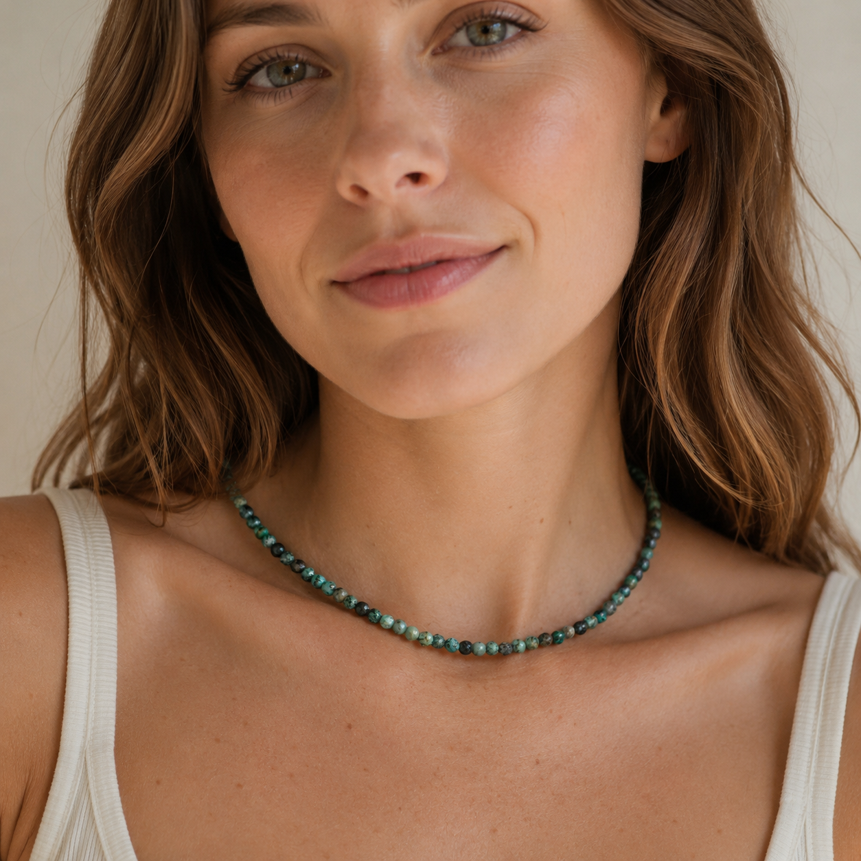 African Turquoise Beaded Necklace with Sterling Silver | Dainty Minimal Crystal Necklace
