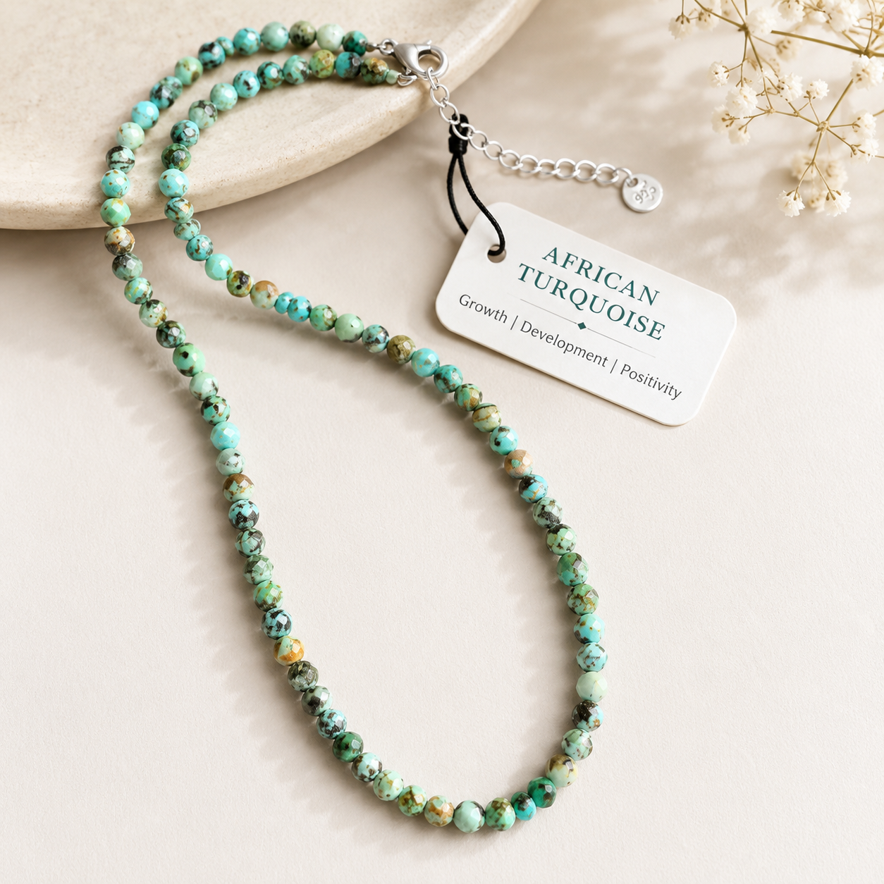 African Turquoise Beaded Necklace with Sterling Silver | Dainty Minimal Crystal Necklace