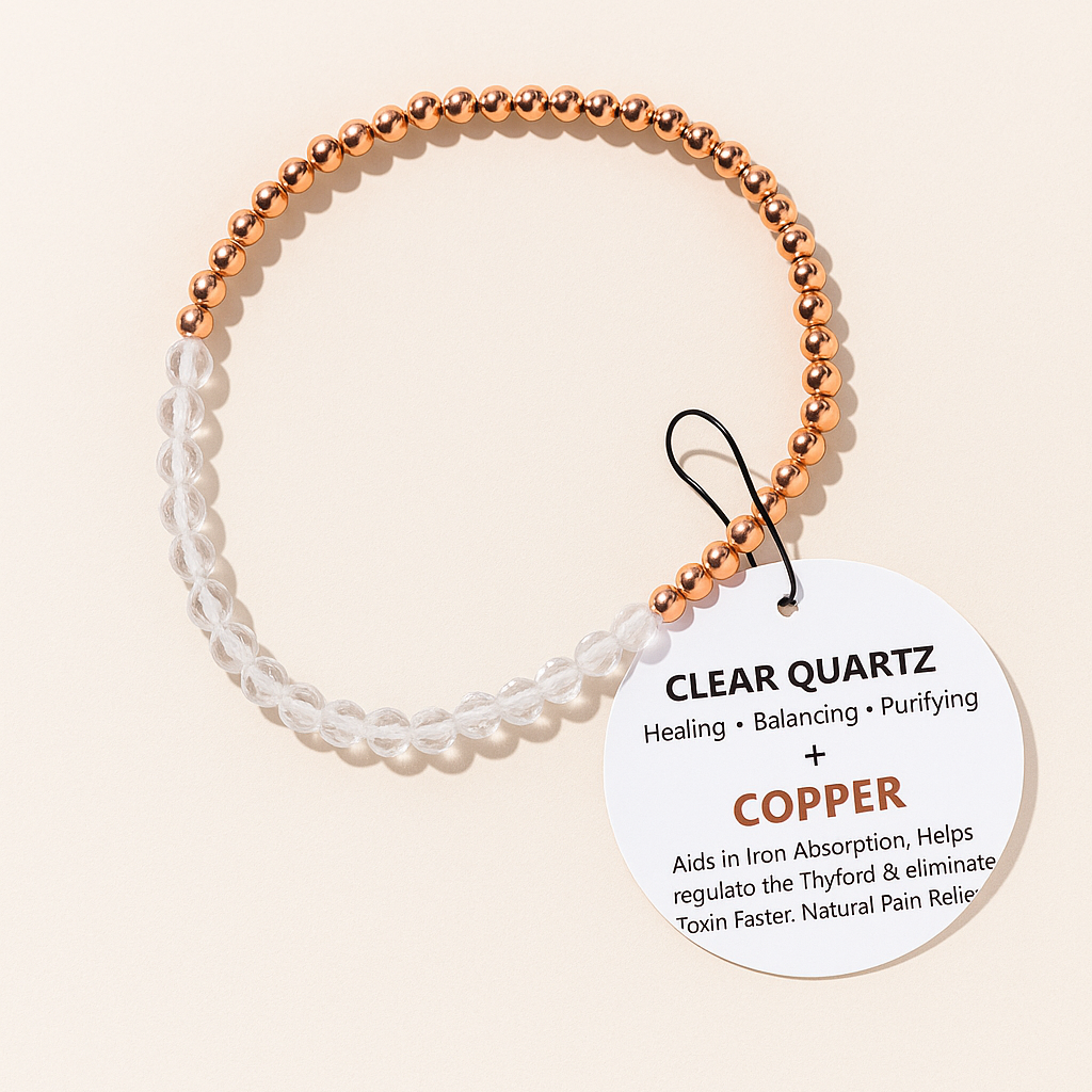 bracelet copper with faceted beads, tag on a beige background