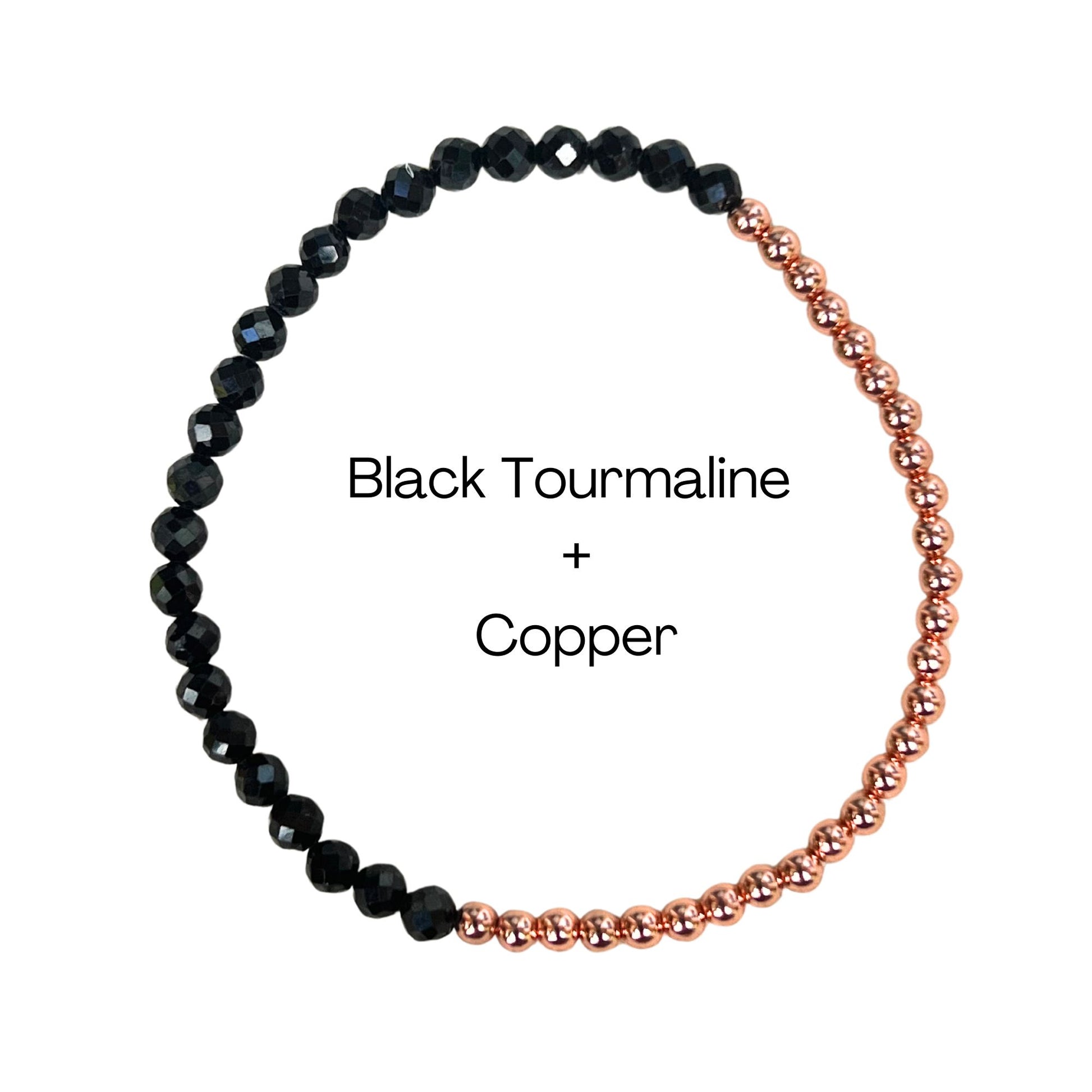 Stretch bracelet with black beads, 3mm copper beads and elastic wire on a white background