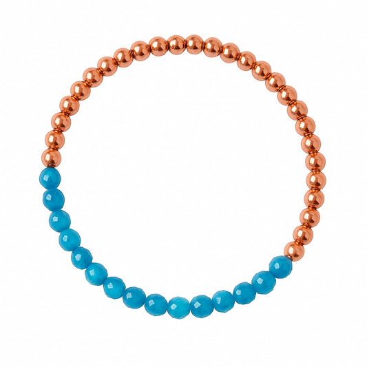 Stretchy bracelet with apatite beads, 3mm copper beads and elastic wire on a white background 