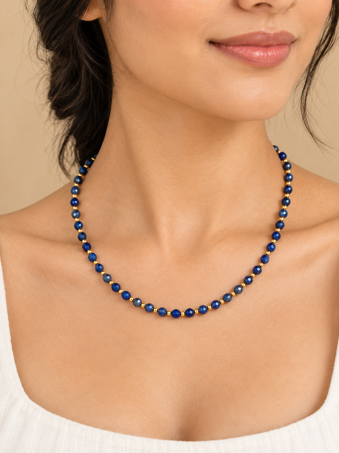 Dainty Faceted Lapis Lazuli Necklace - 4mm Natural Gemstones & 18K Gold Plated Chain Anti-Tarnish | Shiny Gold beads