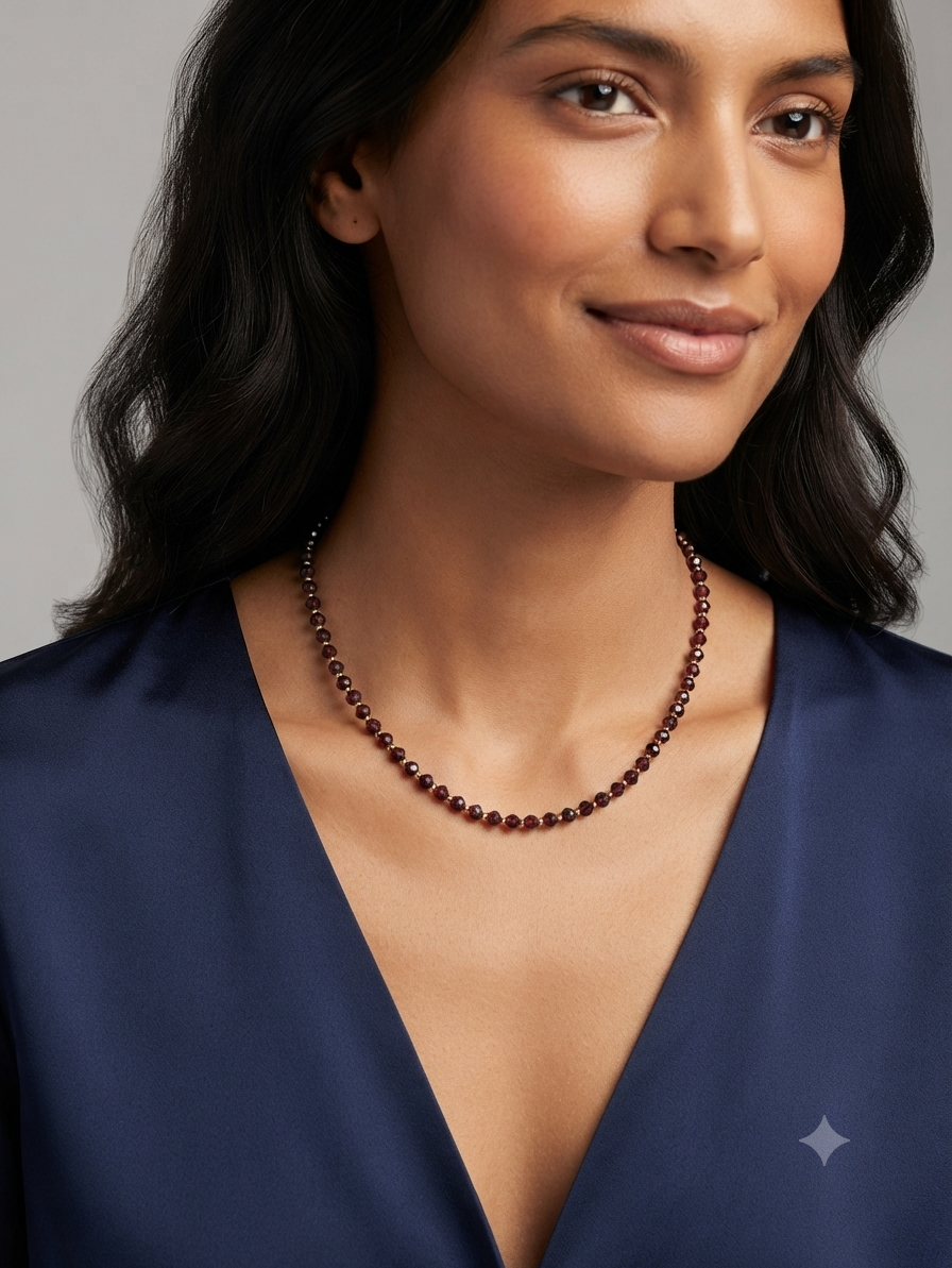 Dainty Faceted Garnet Necklace - 4mm Natural Gemstones & 18K Gold Plated Chain Anti-Tarnish | Shiny Gold beads