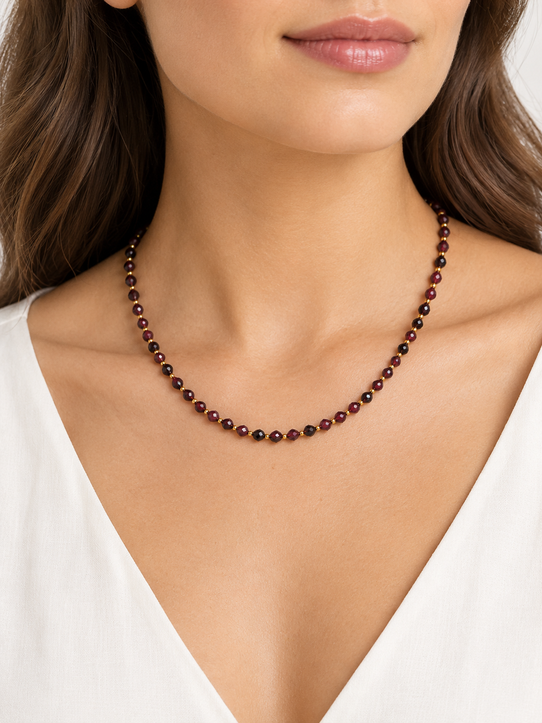 Dainty Faceted Garnet Necklace - 4mm Natural Gemstones & 18K Gold Plated Chain Anti-Tarnish | Shiny Gold beads