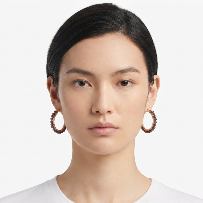 Garnet Beaded Earrings Hoops