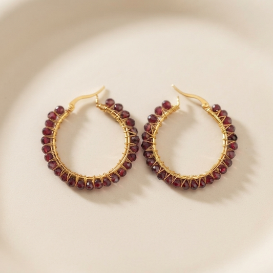 Garnet Beaded Earrings Hoops