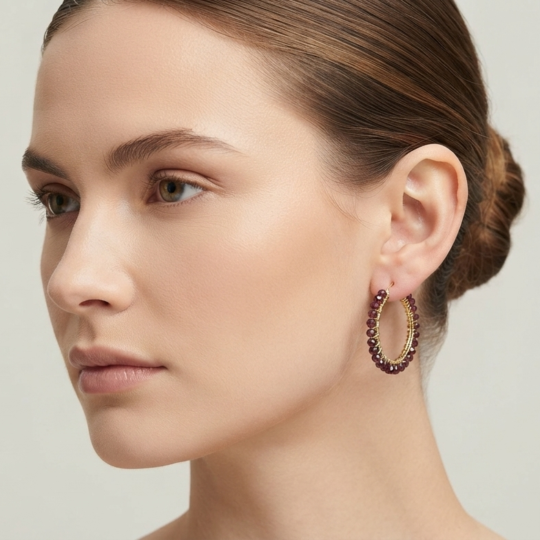 Garnet Beaded Earrings Hoops