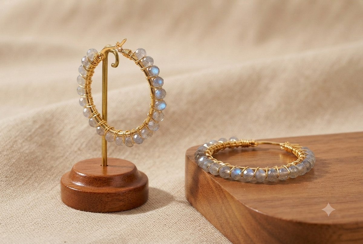 Labradorite Beaded Earrings Hoops