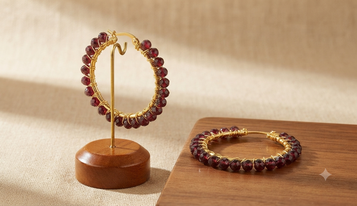 Garnet Beaded Earrings Hoops