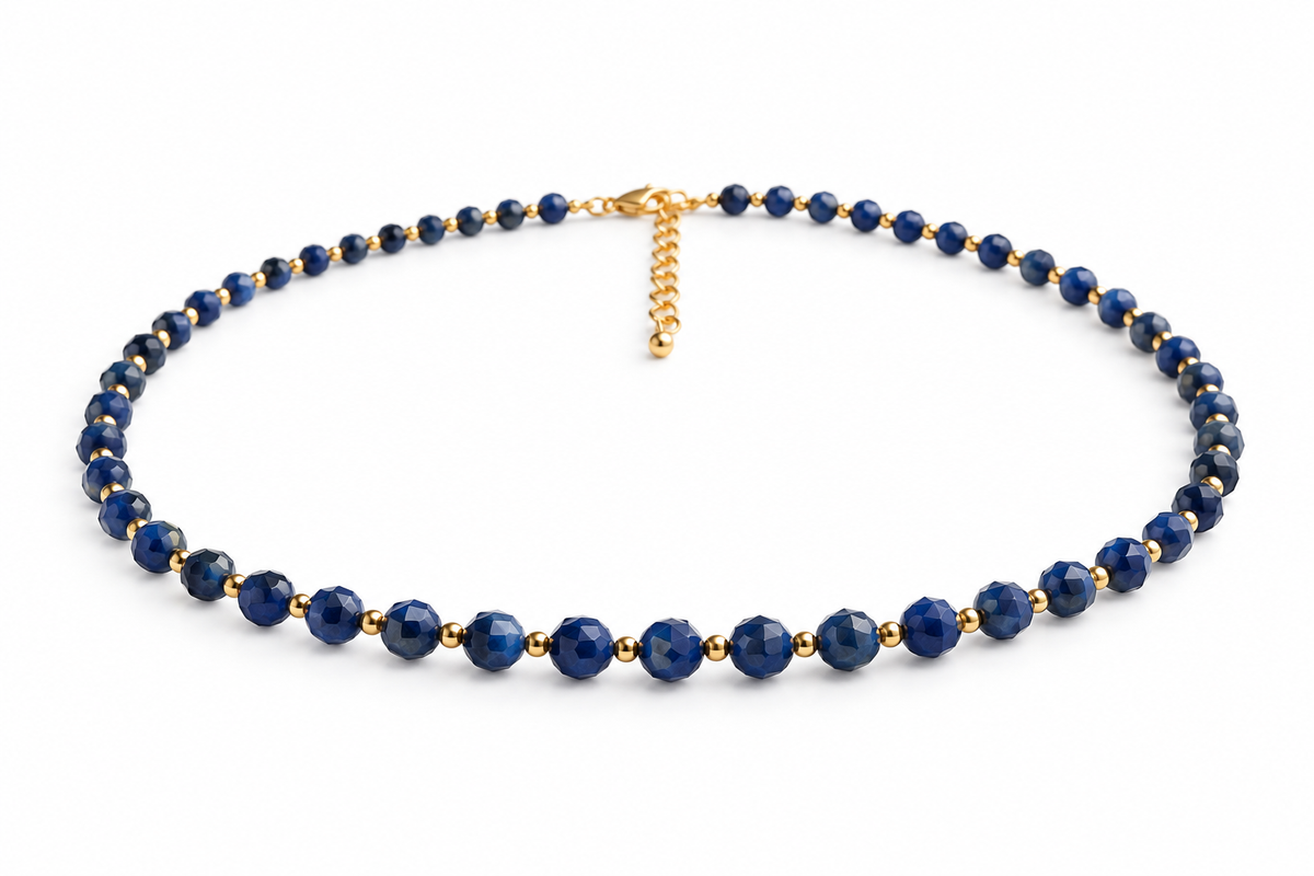 Dainty Faceted Lapis Lazuli Necklace - 4mm Natural Gemstones & 18K Gold Plated Chain Anti-Tarnish | Shiny Gold beads