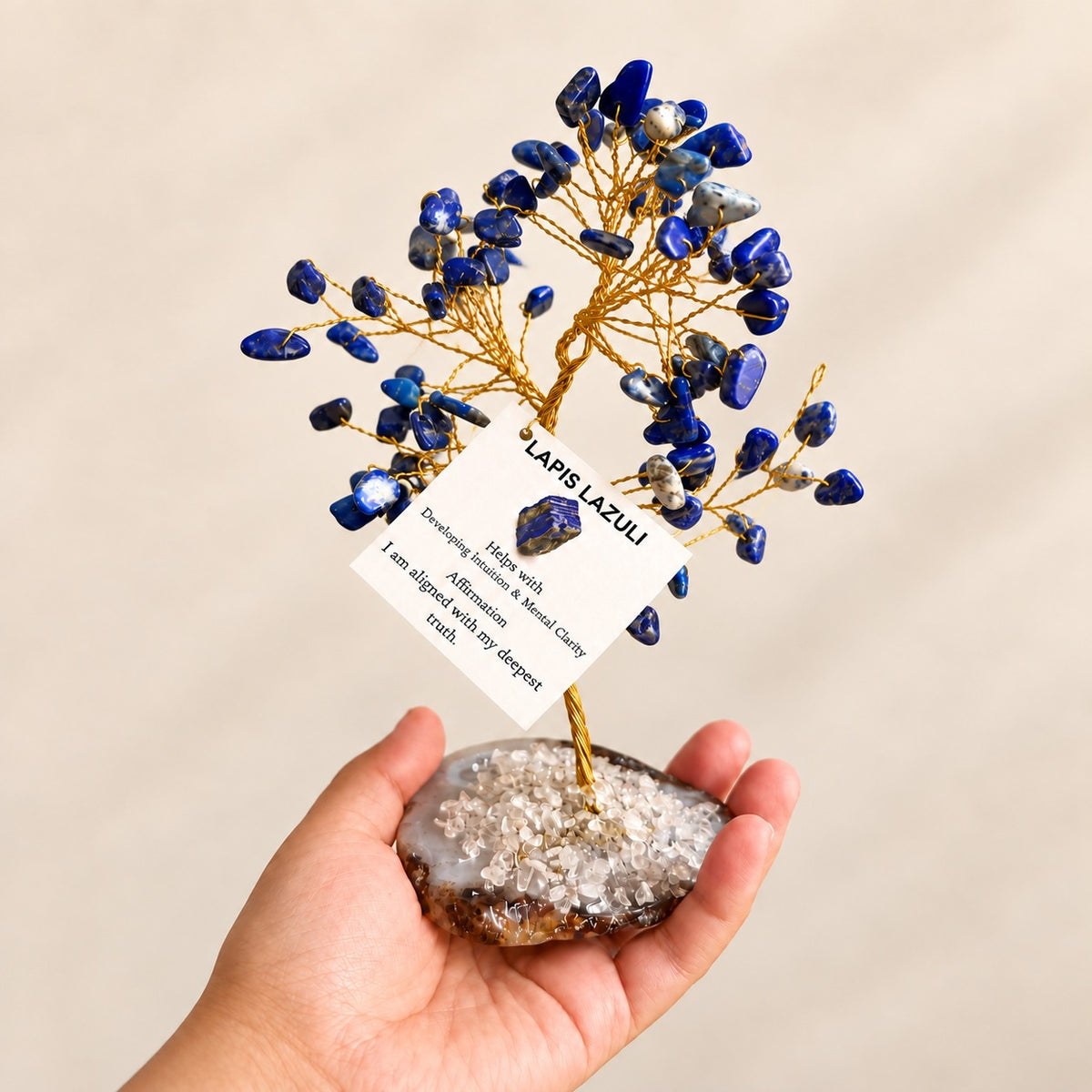 Lapis Lazuli & Agate Golden Wire Crystal Tree – 100 Beads | 7–8 Inch Handmade Tree of Life | Home and Desktop Decor