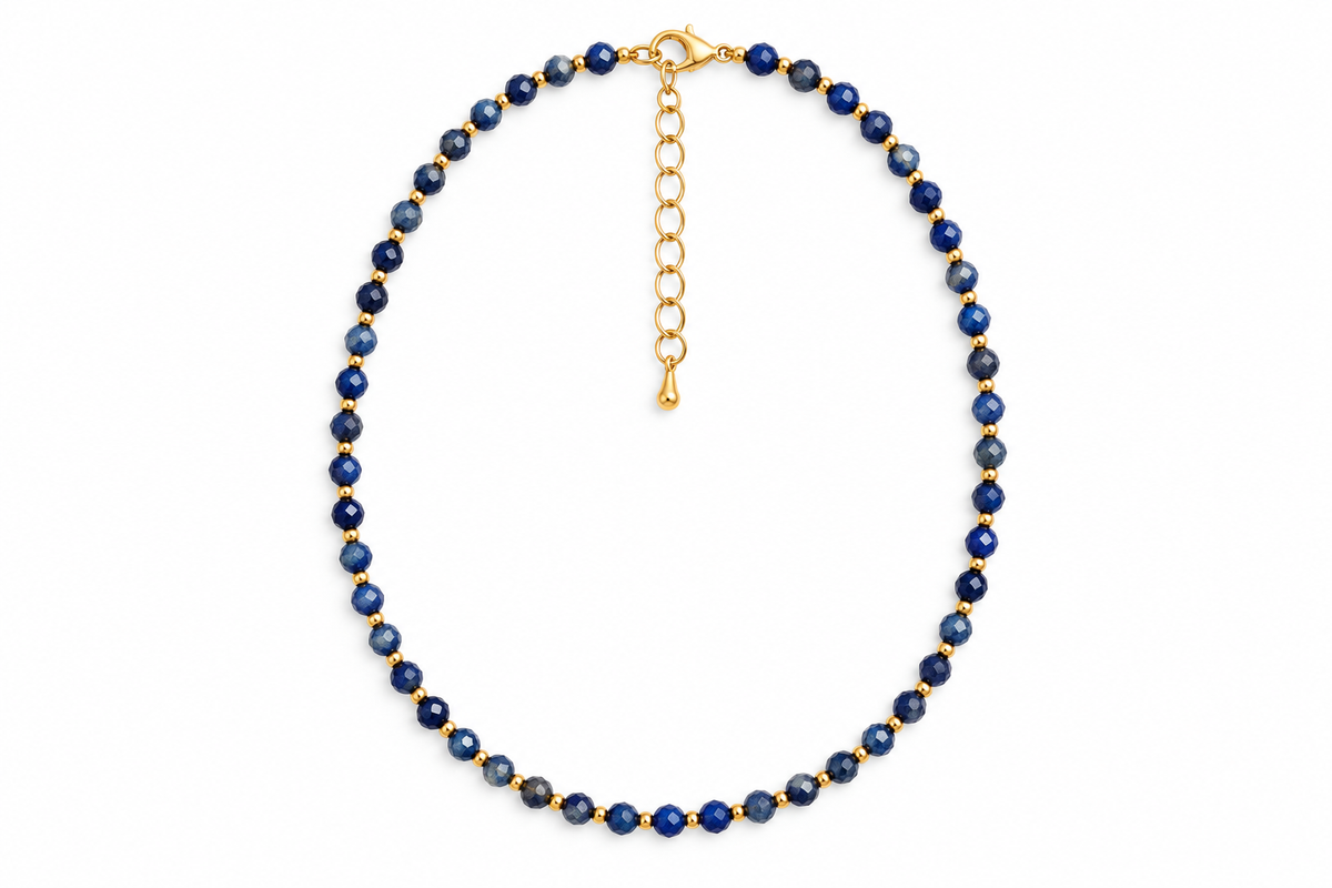 Dainty Faceted Lapis Lazuli Necklace - 4mm Natural Gemstones & 18K Gold Plated Chain Anti-Tarnish | Shiny Gold beads