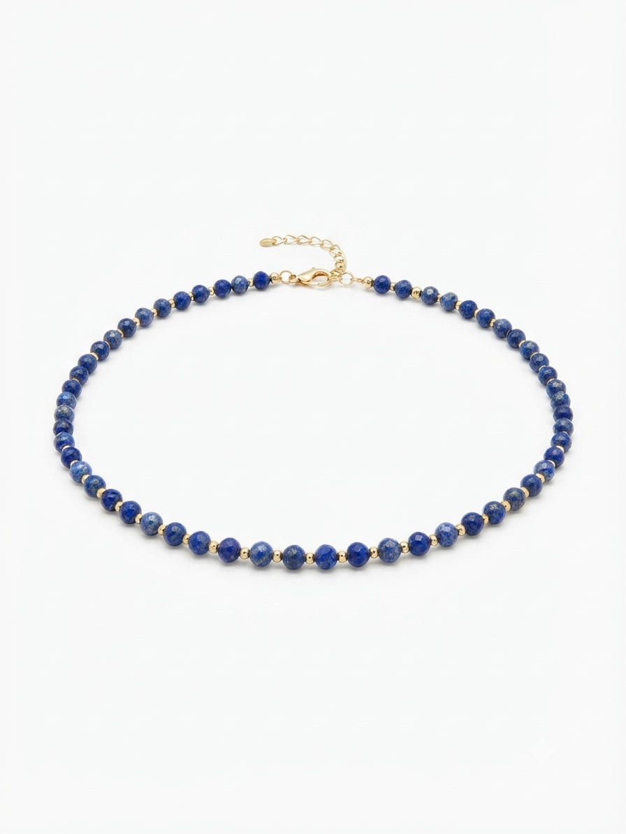 Dainty Faceted Lapis Lazuli Necklace - 4mm Natural Gemstones & 18K Gold Plated Chain Anti-Tarnish | Shiny Gold beads