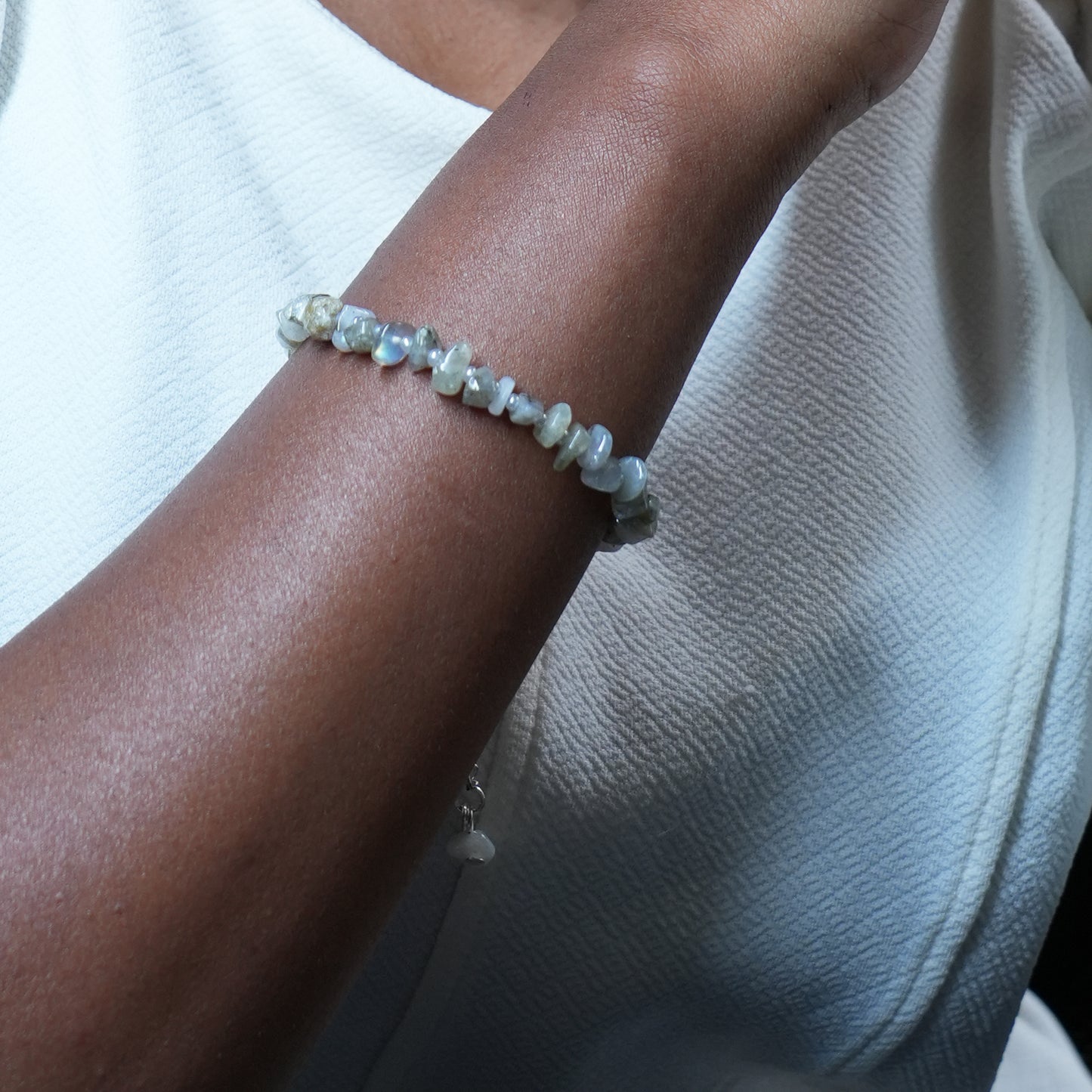 Labradorite Chip Bracelet - adjustable with Stainless steel clasp and chain