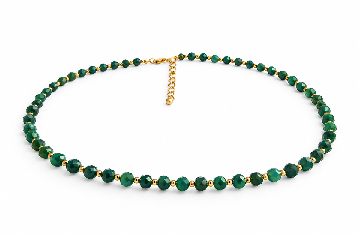 Dainty Faceted Malachite Necklace - 4mm Natural Gemstones & 18K Gold Plated Chain Anti-Tarnish | Shiny Gold beads