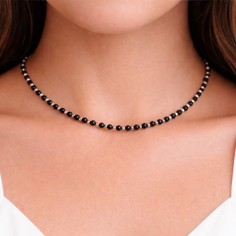 Model wearing Modern Black Tourmaline and stainless steel necklace