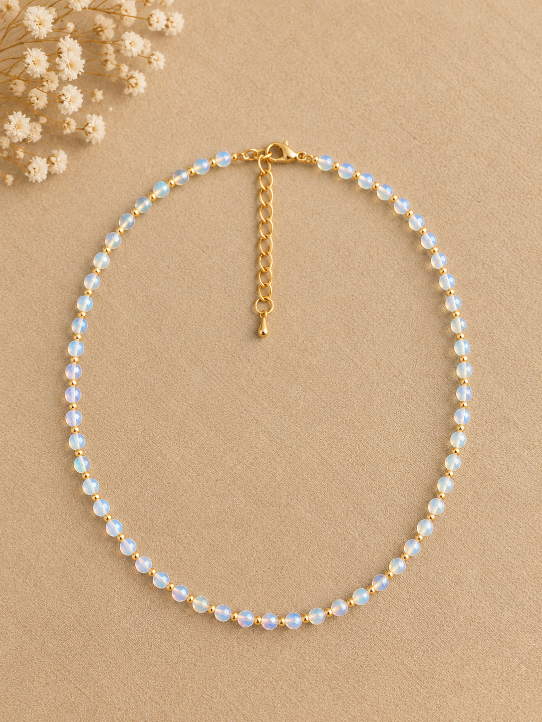 Dainty Faceted Opalite Necklace - 4mm Natural Gemstones & 18K Gold Plated Chain Anti-Tarnish | Shiny Gold beads