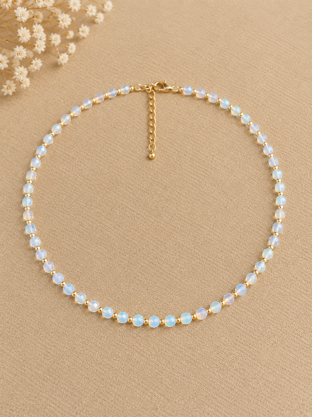 Dainty Faceted Opalite Necklace - 4mm Natural Gemstones & 18K Gold Plated Chain Anti-Tarnish | Shiny Gold beads