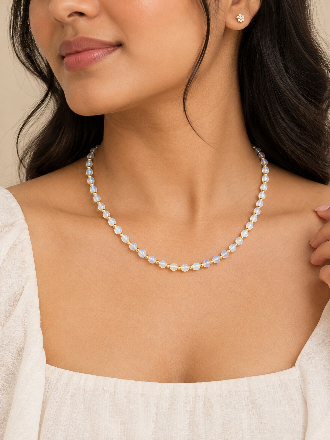 Dainty Faceted Opalite Necklace - 4mm Natural Gemstones & 18K Gold Plated Chain Anti-Tarnish | Shiny Gold beads